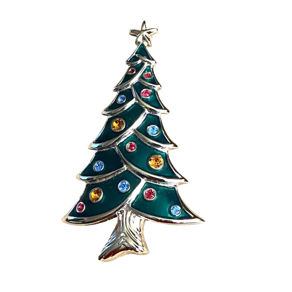 Silvertone Green Enamel Multicolored Crystal Christmas Tree Brooch Swan Marking - Picture 2 of 6